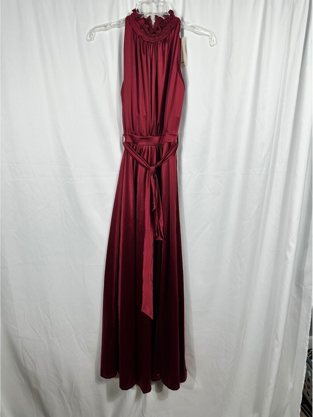 Popilush Burgundy Maxi Dress with Ruffled High Neck and Waist Tie, Size Small
